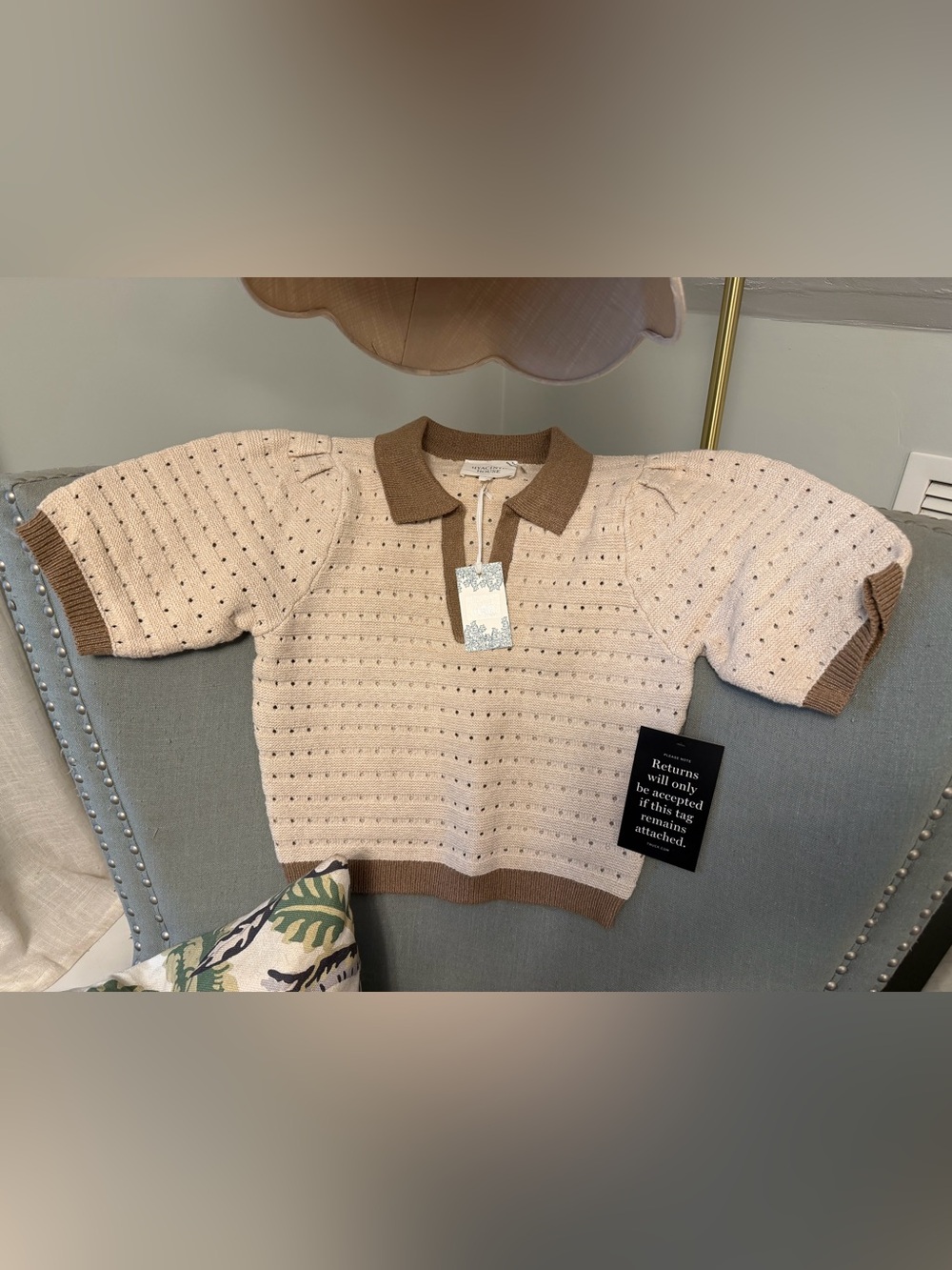 Hyacinth House Knit Polo Sweater Top in Cream with Brown Trim